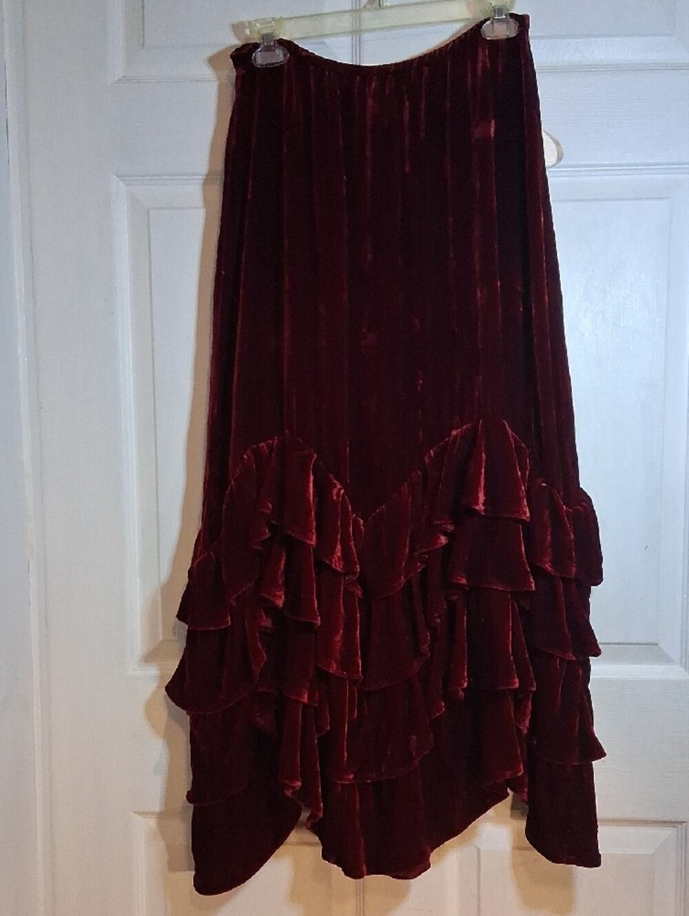 Double D Ranch Wine Red Velvet Asymmetrical Ruffle Skirt - Picture 3 of 10